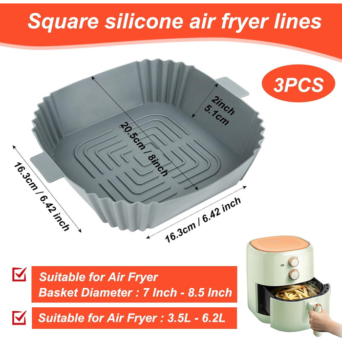 Силіконова форма для фритюрниці BYKITCHEN для фритюрниці Philips Essential 4.1 л/2000 series 4.2 л/Russell Hobbs 4 л, 3 шт., силіконова вставка для фритюрниці, аксесуари для форми для випічки для фритюрниці Cosori/Ninja Pro 4.7 л