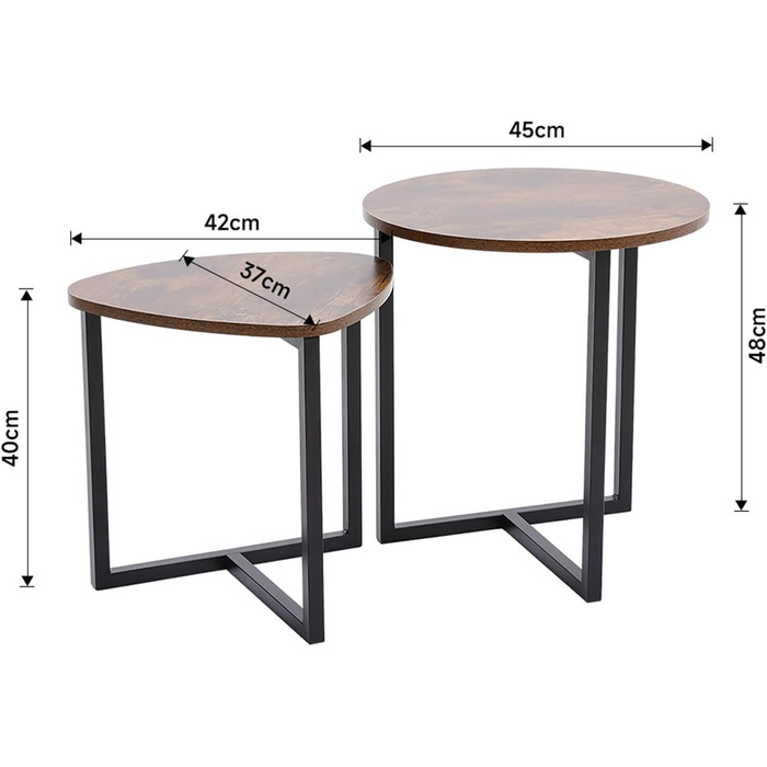 Комплект журнальних столиків із 2 шт. Журнальні столики у вінтажному промисловому дизайні, металевий каркас та МДФ, вбудовані столики для вітальні, сучасні круглі та трикутні, коричневі, 45 x 48 см