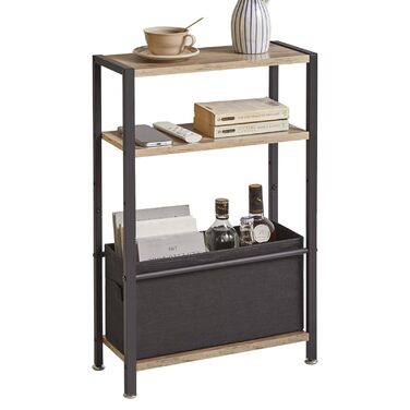 Вузький журнальний столик з поверхнею для зберігання, 3-ярусний вузький журнальний столик з тканинним кошиком, тонкий журнальний столик для вітальні, спальні, кабінету, тумбочки, офісу, світло-сірий дуб YD-TM052Y