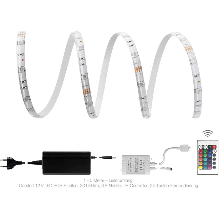 Метри комфортний набір світлодіодних стрічок RGB з блоком живлення, контролером і 24-кнопковим інфрачервоним пультом дистанційного керування, 30 світлодіодів/м, IP65, 12 В, 5050 SMD, 7,2 Вт/м, для вітальні, спальні, балкона, тераси, 2