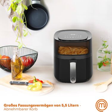 Фритюрниця MasterChef 5.5 л фритюрниця 1500 Вт, фритюрниця гаряче повітря без жиру для 4-6 осіб, фритюрниця з цифровим сенсорним екраном і 7 програмами, попередній нагрів і підтримання тепла, 80-200C 5.5 л