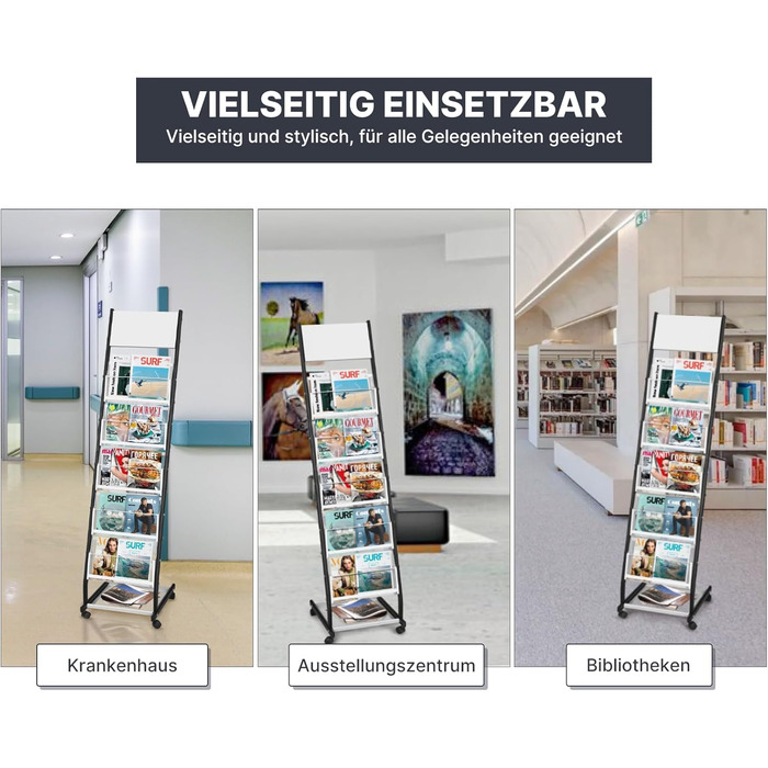 Шарова стійка для журналів SUNDOY з колесами підлогова підставка для брошур та каталогів, стійка для журналів на колесах для офісу, ярмарків та дому (ширина 32,5 см) 5-шарова, ширина 32,5 см, 5-