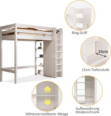 Дитяче ліжко-горище односпальне ліжко 90x200 для дітей, дерев'яне ліжко-будиночок з шафою та 4 полицями для зберігання, каркас ліж