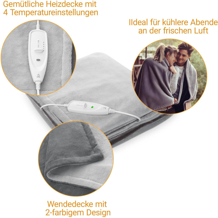 Затишна ковдра з підігрівом, ковдра з підігрівом, яку можна прати, зігріваюча ковдра з автоматичним вимиканням, 4 налаштування температури, 200 x 150 см, двосторонній дизайн у 2 кольорах, сірий/темно-сірий, одинарна, 675 XXL