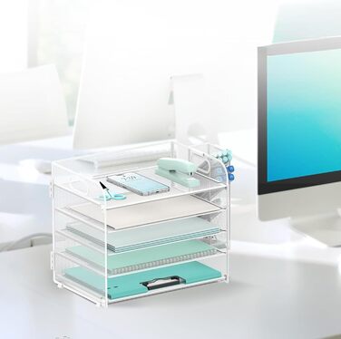 Рівневий органайзер для столу з ручкою та знімними тримачами для ручок, сітчастий органайзер для паперу/файлів на столі, лоток для листів та канцелярського приладдя (білий) Білий 1, 5-