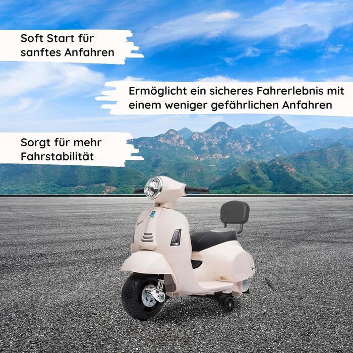 Дитячий електромотоцикл 6 вольт Vespa електричний дитячий самокат від Babycar зі спинкою - електричний дитячий самокат Vespa з нож