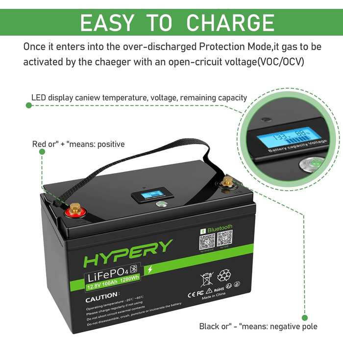 Розумний акумулятор 12V 100Ah LiFePO4 з Bluetooth, світлодіодним дисплеєм, вимикачем запуску та BMS, ідеальний літієвий акумулятор для автофургонів, гольф-карів, човнів та домашніх накопичувачів енергії. Розумний 12V 100AH Bluetooth