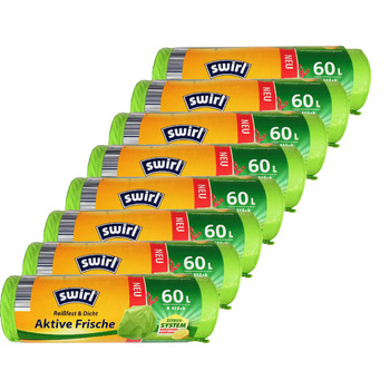 Пакетів для сміття Swirl Active Freshness 60 л зі шнурком, зелені (8 рулонів x 8 пакетів/рулон 64 пакети) 8 шт. (8 упаковок), 8