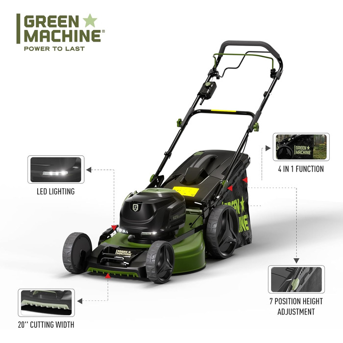 Акумуляторна газонокосарка Green Machine, ТІЛЬКИ ІНСТРУМЕНТ 62В 51см 60л безщіткова складна акумуляторна газонокосарка зі світлодіодом, самохідна сталева декова газонокосарка БЕЗ акумулятора та зарядного пристрою