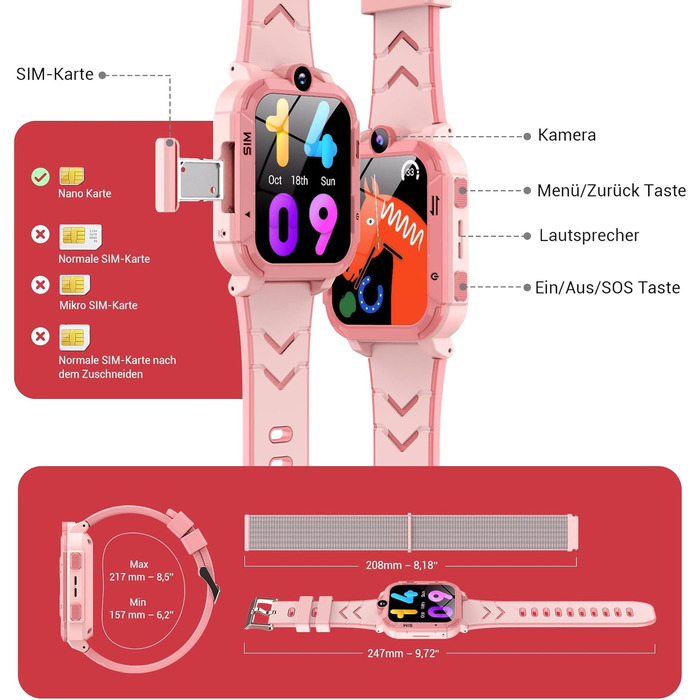 Розумний годинник Blackview Kids, слот для SIM-картки, LBSWiFiGPS-трекер, функція 4G, екстрений виклик SOS, телефонні дзвінки, відеодзвінки, голосовий чат, SMS, шкільний режим, дитячий годинник для дівчаток та хлопчиків, 4G - персиково-рожевий