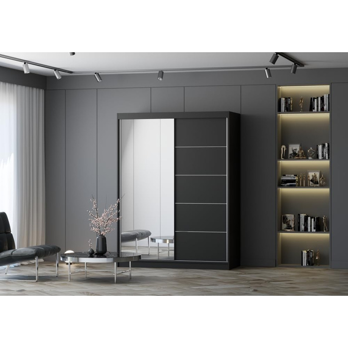 Шафа з дзеркалом, розсувні двері - Чорна шафа з розсувними дверима, шафа для спальні - 61 x 150 x 200 см - Шафа для спальні, гардеробна, шафа чорний/чорний