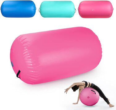 Надувний гімнастичний повітряний валик, надувні повітряні ролики, повітряний валик, гімнастичний валик, повітряна бочка для тренувань балансу, валик для йоги, колона для вправ з ПВХ циліндра для домашнього використання, 120x75 см, рожевий
