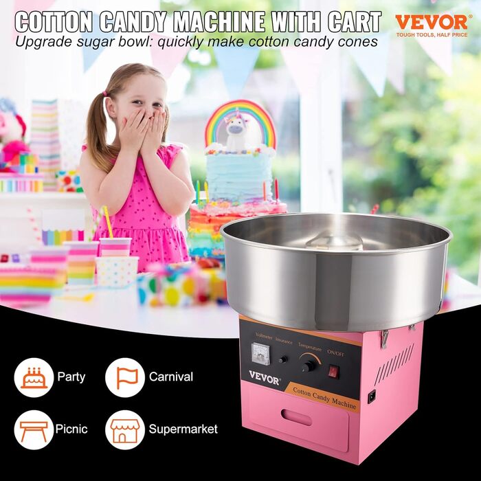 Електрична машина для виробництва солодкої вати VEVOR рожева, комерційна машина для виробництва солодкої вати 1000 Вт з мискою з нержавіючої сталі, ложкою для цукру та ящиком, ідеально підходить для дому, дитячого дня народження, сімейного святкування