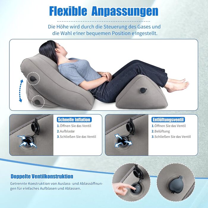 Комплект надувних подушок для ніг SAHEYER для спинки, 2 регульовані надувні клиноподібні подушки для читання, ергономічна подушка для підтримки ніг та спини, подушка для спинних вен для полегшення болю в ногах та спині, сірий