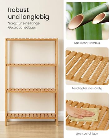 Полиця для ванної кімнати SONGMICS, кухонна полиця, взуттєва полиця з 4 ярусами, бамбукова окремостояча полиця, 26 x 60 x 100 см, для ванної кімнати, вітальні, коридору, кухні, натуральний бежевий BCB034Y01 4 полиці