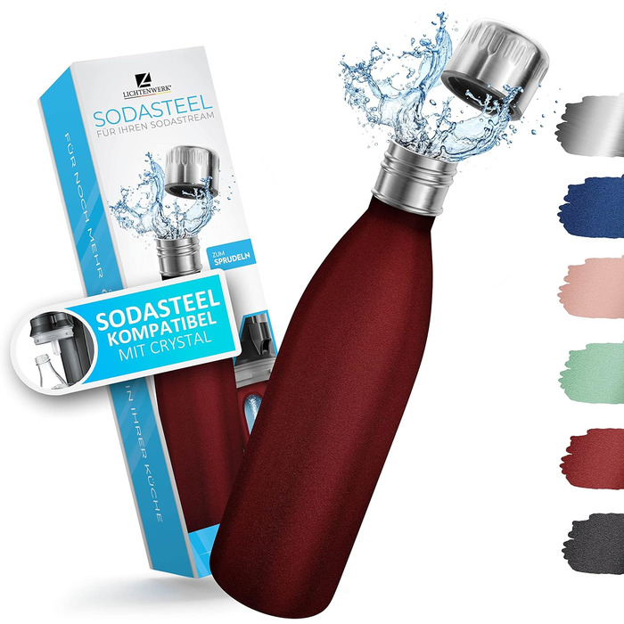 Преміальна пляшка з нержавіючої сталі 0,6 л ПРОСТО ВІЗЬМІТЬ З СОБОЮ сумісна з SodaStream Crystal - Безпечний для вуглекислого газу - Можна мити в посудомийній машині - Пляшка для пиття з нержавіючої сталі - Червоне порошкове покриття