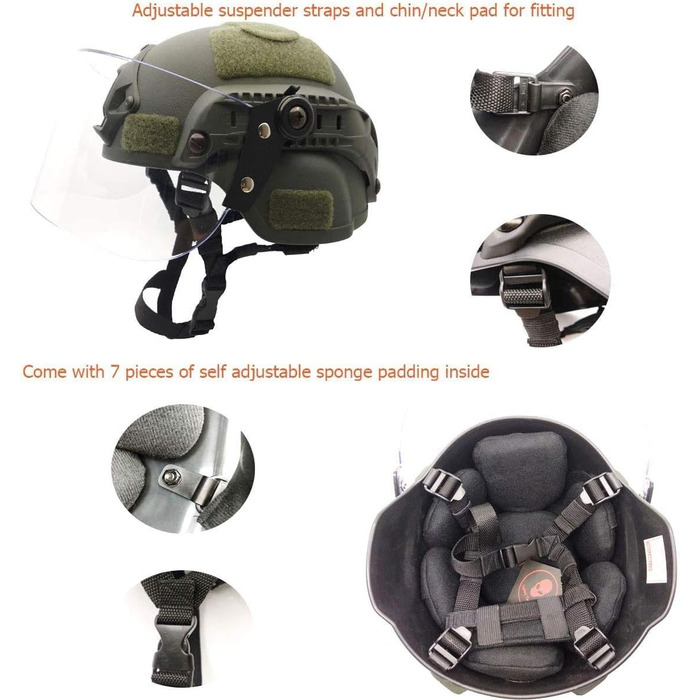 Тактичний захисний шолом для страйкболу, версія Mich 2000 Action, з кріпленням для NVG та вандалозахисною маскою-козирком для ігор на відкритому повітрі, страйкболу, пейнтболу та CS
