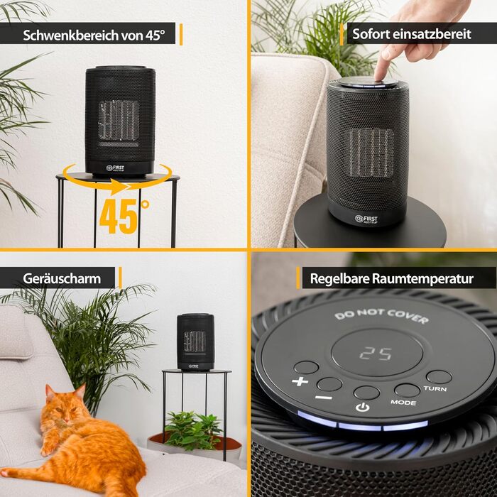 Перший австрійський енергозберігаючий вентилятор-обігрівач Маленький та тихий радіаційний обігрівач з керамічним нагрівальним елементом Осцилюючий обігрівач Електричний обігрівач 600-1200 Вт, таймер, термостат, захист від перекидання, чорний