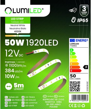 Світлодіодна стрічка LUMILED 5M, 1920 світлодіодів 12V нейтральна біла 4000K, неонова світлодіодна стрічка 50 Вт, світлодіодна стрічка COB IP65 водонепроникна, висока яскравість 5500 лм самоклеюча, світлова стрічка для відкритої кухні, без джерела живленн