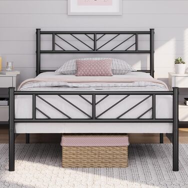 Металеве ліжко Yaheetech 90 x 200 см Мінімалістичний каркас ліжка з узголів&39ям Гостьове ліжко з рейковою основою для спальні Гостьова кімната 32 см Висота під ліжком Чорний колір 90 x 200 см