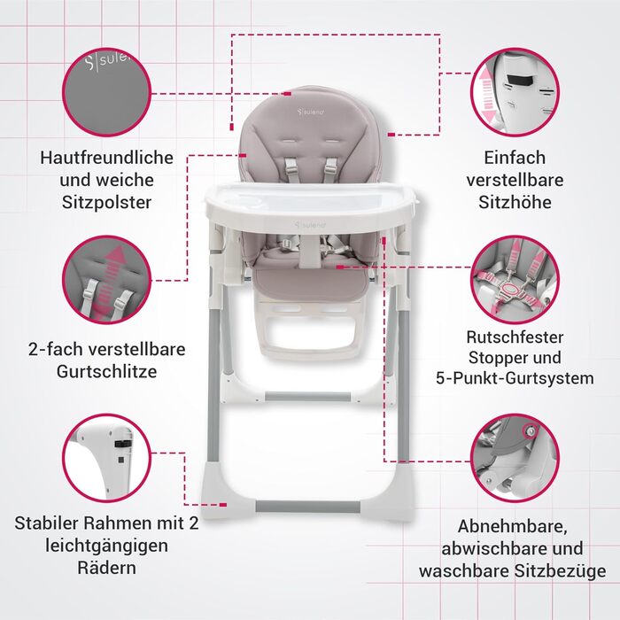 Сулено - стільчик для годування LOVIS, регульована підніжка та піднос, ремені безпеки та протиковзкий обмежувач, функція нахилу, к