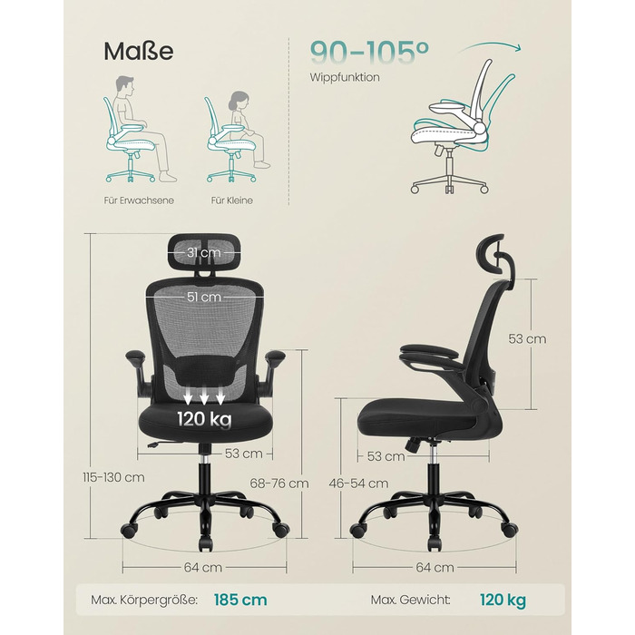 Ергономічне офісне крісло SONGMICS, обертове крісло з сіткою, поперековим відділом хребта та підголівником, функція гойдання, розмір сидіння 53 см, складні підлокітники, для роботи та спальні, для студентів, чорний колір OBN047B01 чорний колір з підголівн