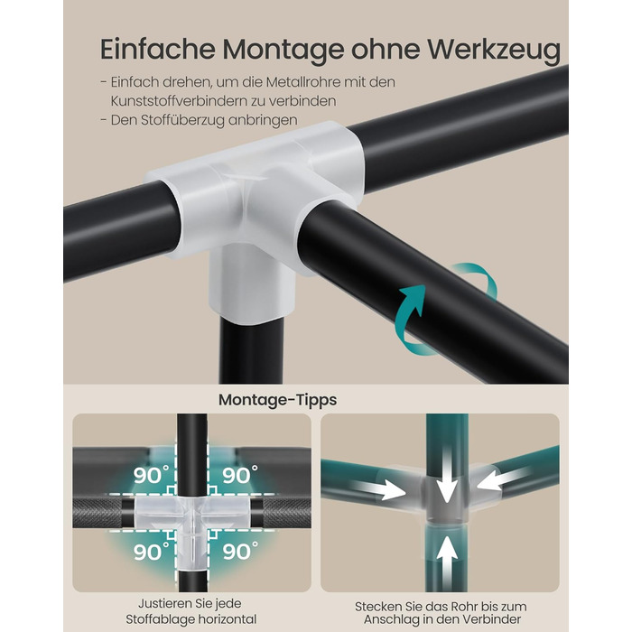 Шафа, Тканинна шафа для спальні, Шафа з вішалкою для одягу, Полиці, Бічні кишені, Велика, 4 відділення для вішалок, 45 x 189 x 180 см, Чорний RYG011BZ02 189B см