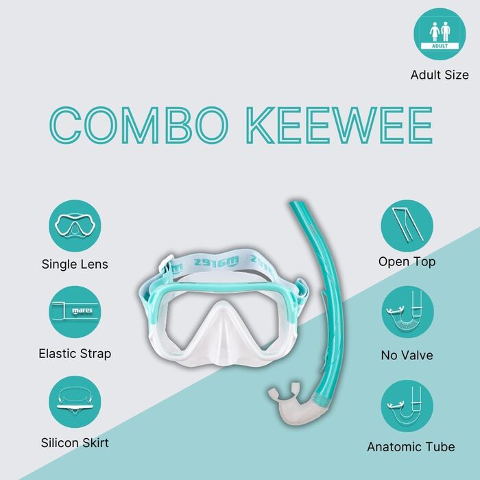 Набір для сноркелінгу для дорослих, силіконова маска з однією лінзою, ергономічна трубка з силіконовим мундштуком, м&39ятний колір