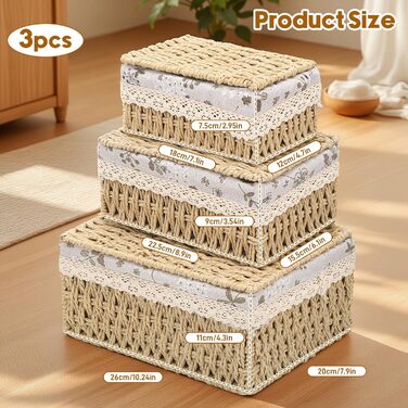 Набір кошиків для зберігання з 3 предметів з кришкою, декоративний плетений кошик, компактні кошики для зберігання у ванній кімнаті, плетений подарунковий кошик, коробка для зберігання зі знімною підкладкою (3 розміри)