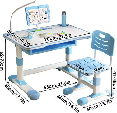 Комплект дитячого столу та стільця з регульованою висотою Ергономічний навчальний стіл для дітей віком від 3 років, стіл з похилою підставкою для читання, світлодіодною лампою та великою шухлядою (синій)