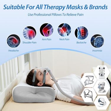 Подушка HOMCA CPAP, подушка з піни з ефектом пам&39яті для всіх масок CPAP, подушка для сну на боці CPAP з канавками для маски CPAP та зоною підтримки, зменшує витік повітря та тиск у масці, з 3D-охолоджувальним чохлом