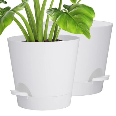 Квітковий горщик 20,3 см, пластиковий квітковий горщик із системою поливу, 2 горщики для рослин, сучасний для кімнатних та балконних садових рослин, сукулентів, кактусів (білий) Білий 20,3 см