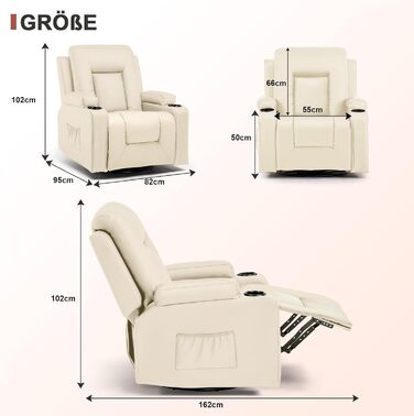 Крісло для телевізора LUCKRACER з розкладним підйомником з функцією відкидання та підставкою для ніг, поворотне на 360 крісло для телевізора для вітальні, крісло-гойдалка з підставками для чашок та бічною кишенею, штучна шкіра, білий поліуретан