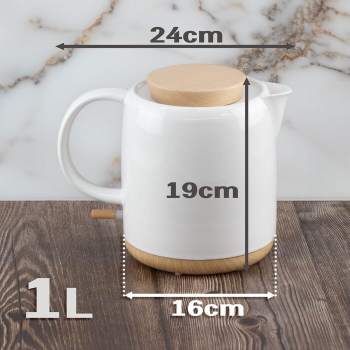 Електричний чайник з кераміки з дерев'яною кришкою, об'ємом 1 літр, білий - Сучасний дизайн. 1200 Вт, 220 В, 50-60 Гц. Чайник елек