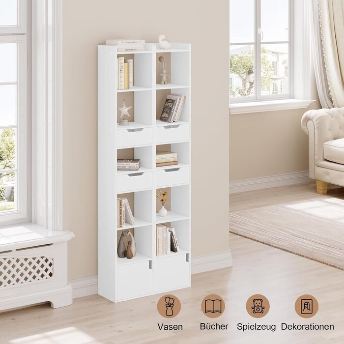 Книжкова полиця WOLTU, книжкова шафа, полиця для зберігання, офісна полиця, з 6 полицями, 2 шухлядами, 1 дверцятами, виготовлена з інженерної деревини, для вітальні, спальні, офісу, біла, SK042ws