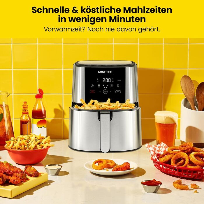 Сенсорна фритюрниця Chefman TurboFry, сімейний розмір 4.75 л, попередні налаштування цифрового керування одним дотиком, картопля фрі, курка, м'ясо, риба, можна мити в посудомийній машині, автоматичне вимкнення, нержавіюча сталь DE 4.75 л
