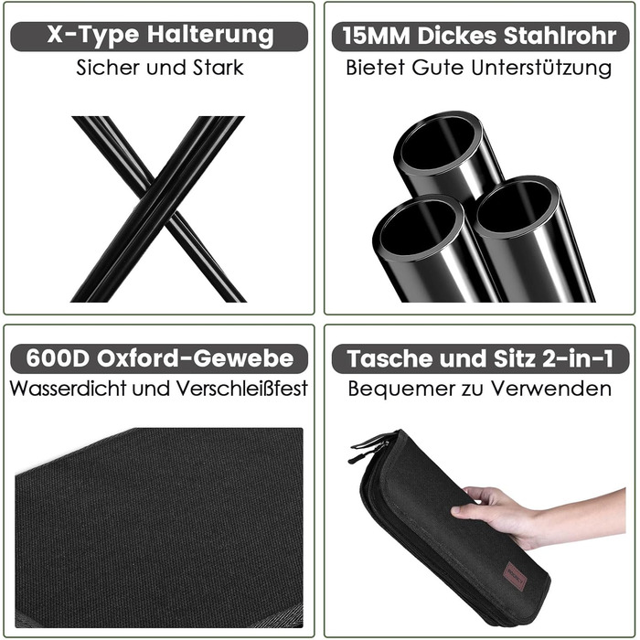 Складаний стілець MOONCY, 3326,532 см, Портативний кемпінговий стілець, Складаний, Витримує до 120 кг, Легкий рибальський стілець для походів, риболовлі та активного відпочинку, Чорний