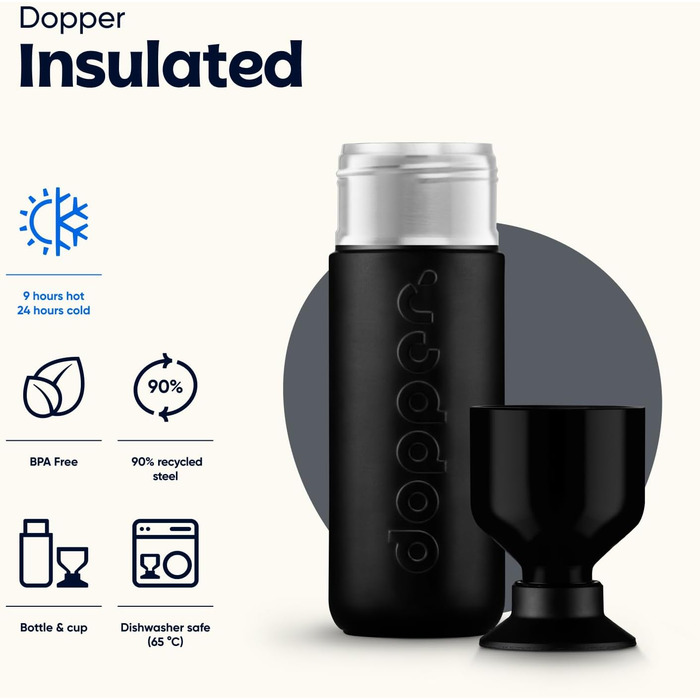 Термос Dopper Insulated 580 мл, яскраво-чорний - Двостінний, герметичний, зберігає напої холодними 24 години/гарячими 9 годин - Пляшка для пиття з нержавіючої сталі - Термокружка - Кружка для кави - Вода, чай 580 мл, чорний