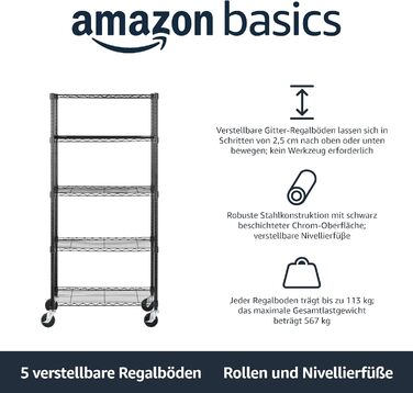 Блок для зберігання Storeo Basics з 5 полицями, на колесах 10,2 см, з регульованими по висоті полицями та ніжками, максимальна вага 680 кг, чорний, 35,6 x 76,2 x 162,2 см (Г x Ш x В) чорний 30Д x 14Ш x 64,75В з колесами