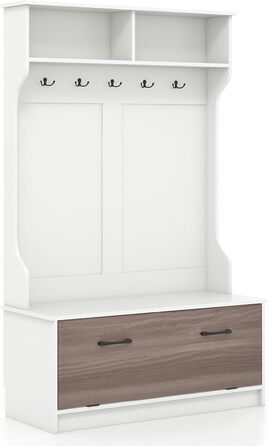 Вішалка для одягу COSTWAY з лавкою та 5 подвійними гачками, вішалка для одягу з відкритими відділеннями та тумбою для взуття, пере