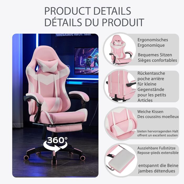 Шкіряне ігрове крісло, поворотне на 360 та ергономічне, з підголівником, поперековою опорою та підставкою для ніг, рожево-біле