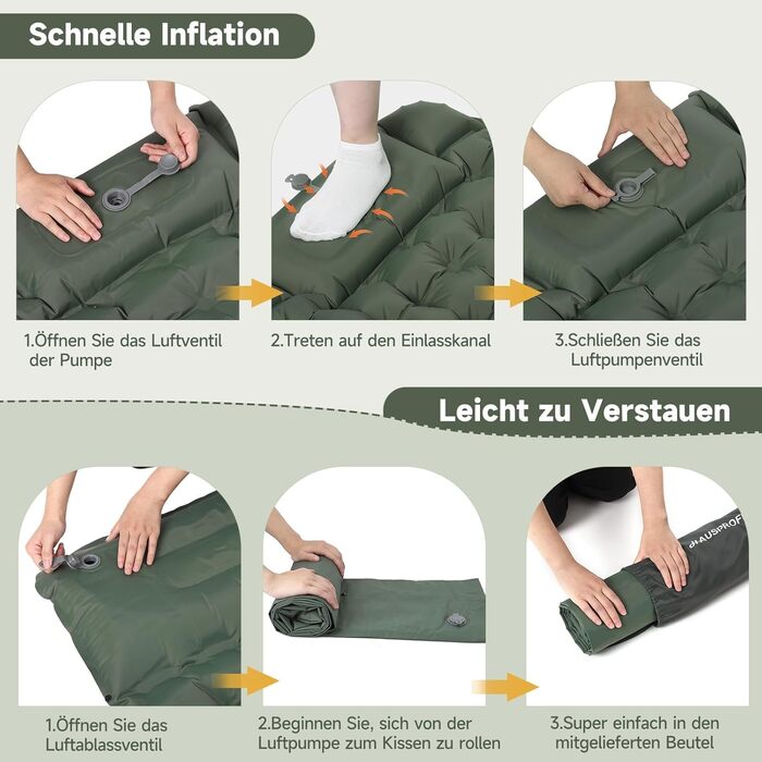 Килимок для сну HAUSPROFI, надлегкий надувний матрац для кемпінгу з ножним насосом та подушкою, надувний матрац, компактний та легкий, килимок для кемпінгу для походів, пляжу, використання на свіжому повітрі, армійський зелений