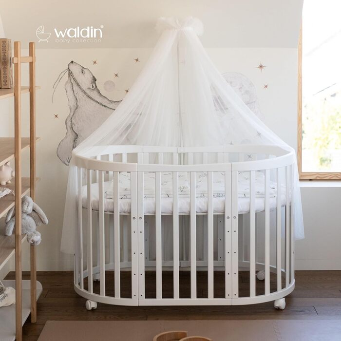 Дитяче ліжко Waldin Oval, комплект трансформованого 7-в-1, ліжечко, дитяче ліжко з матрацом, пеленальний столик, приліжкове ліжечко, дерево біле, тканина білі гілки