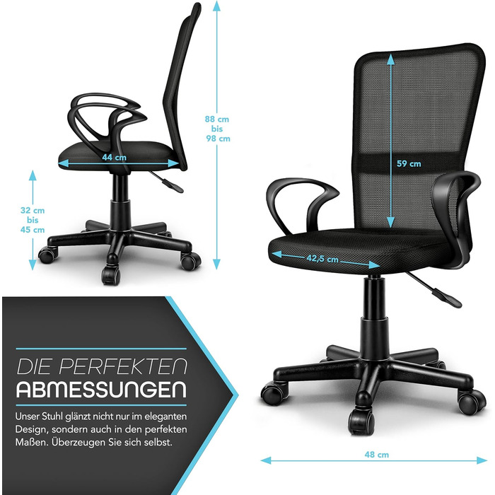Офісний стілець TRESKO, стілець для роботи, обертовий стілець, з підлокітниками та плавнохідними пластиковими колесами, безступінчасте регулювання висоти, м&39яке сидіння, ергономічна посадка, підйомник, протестовано SGS, з підлокітниками, чорний