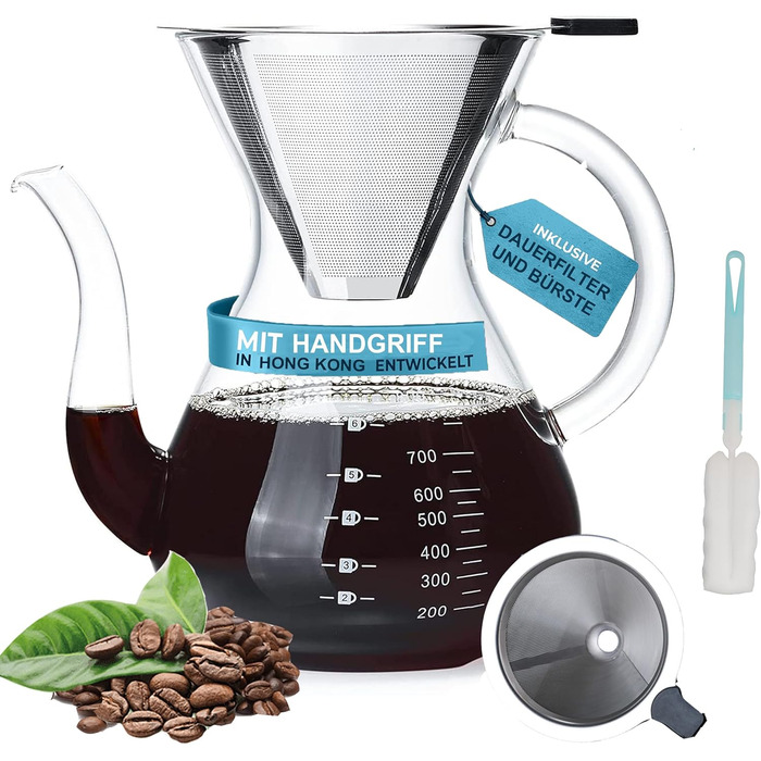 Кавоварка Pauzema 800 мл, кавоварка з постійним фільтром 6-8 чашок з ручкою Графин для кави Боросилікатне скло Термостійке