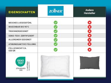 Подушка ZOLLNER Deluxe - 3-зонна - Зроблено в Європі - Поліестер - Можна прати при температурі до 95C - 70x90 см - Готельна якість - Сертифіковано Oeko-Tex 70 x 90 см Біла