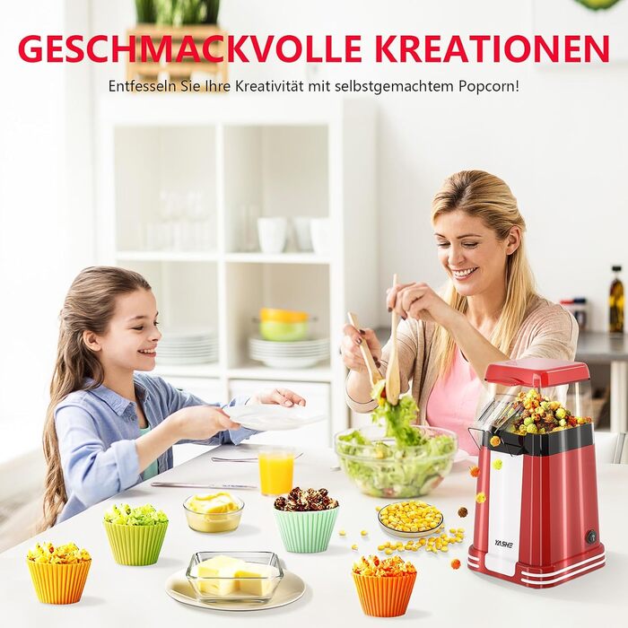 Машина для приготування попкорну YASHE Retro, машина для приготування попкорну з гарячим повітрям потужністю 1200 Вт з мірним стаканчиком, одним дотиком, без олії, ідеально підходить для домашнього кінотеатру, вечорів кіно, вечірок