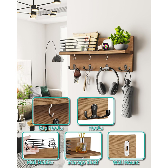 Ключниця HapiRm з декоративною огорожею для нотаток, дошка для ключів з полицею та гачком для ключів, дерев'яна дошка для ключів п