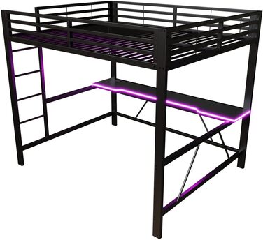 Каркас ігрового ліжка-горища з письмовим столом та світлодіодним підсвічуванням, USB-станція для зарядки, металевий каркас 160x200 см, чорний