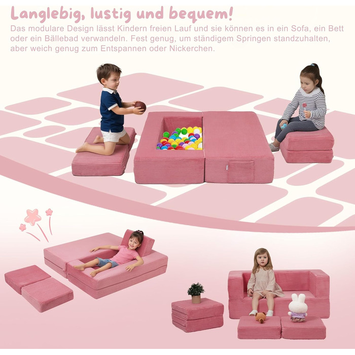 Дитячий диван MeMoreCool з вельвету, розкладний диван з пінопласту, модульний міні-диван для дитячої кімнати та спальні, рожевий вельветовий рожевий
